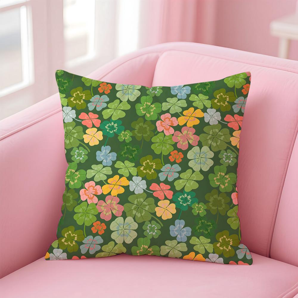 Lucky Four Leaf Clover Fresh Green Cushion Cover Pillowcase Short Plush Invisible zipper Room Sofa Cushion Cover