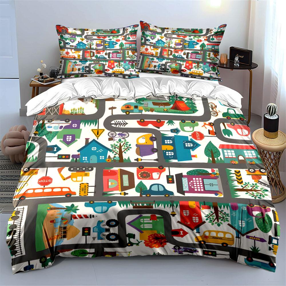 Colorful Road Playmat Set Soft Skin-Friendly Bedding Set Includes 1 Duvet Cover And 2 Pillowcase Gift