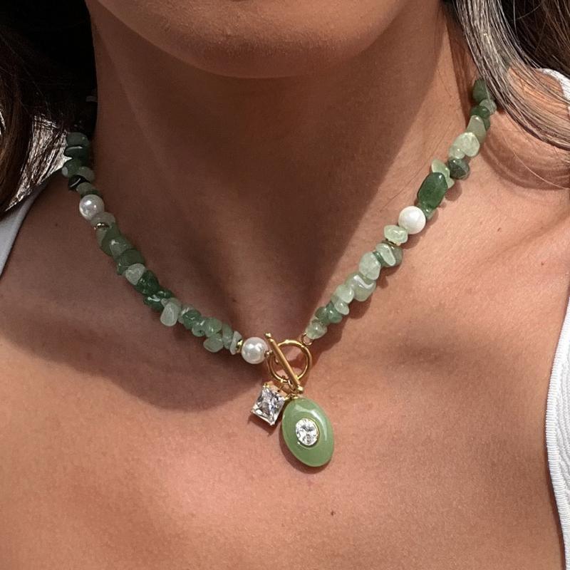 Trendy Natural Stone Colored Pendant Necklace For Women Gold Plated Stainless Steel Charms Necklace Jewelry