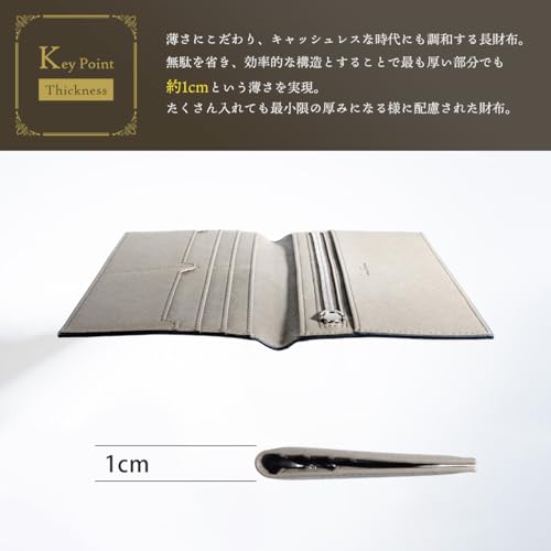 Dom Teporna Men's Long Wallet, Cowhide Leather, Ultra-Thin 1cm YKK Zipper, Coin Purse, Slim Wallet, Bill Compartment, Card Slots, Gray