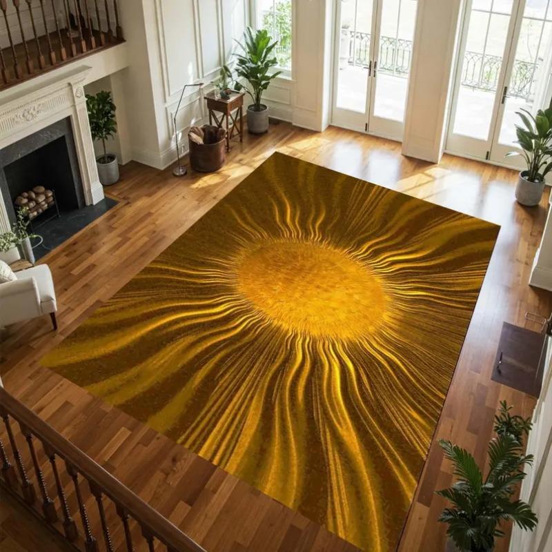 Solar Energy Center Carpet, Dynamic Golden Rays Illusion Floor Art, A Striking Statement Piece for Modern & Eclectic Interiors