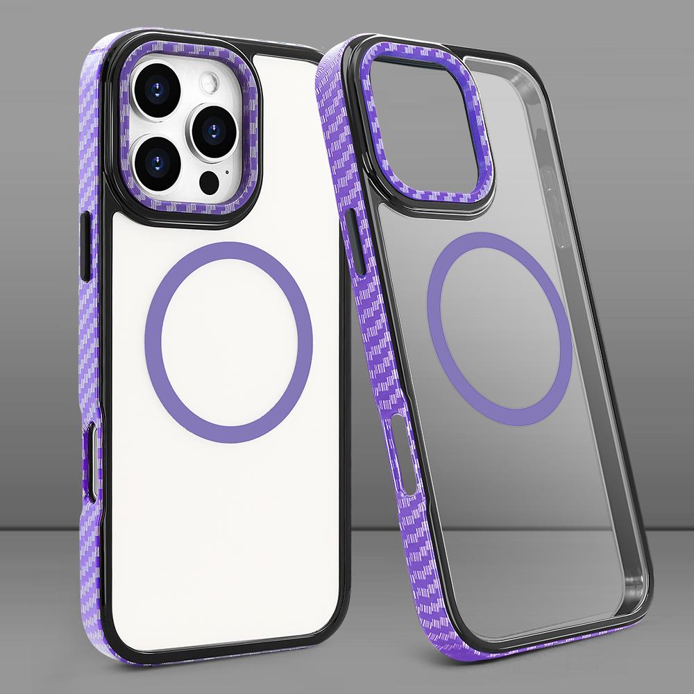 For iPhone 16 pro Max Strong Magnetic Phone Case Carbon Fiber Pattern Frame Transparent Cover for iPhone 16 pro, Wireless Charge