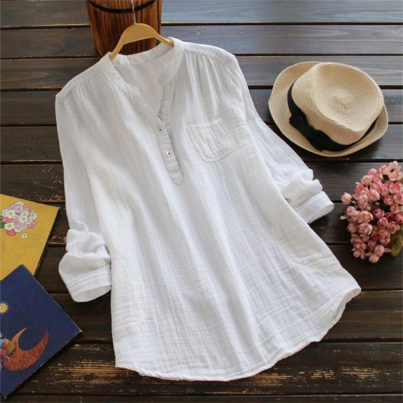 Women's Oversized Cotton Linen Blouse Stand Collar Solid Long Sleeve Loose Casual Shirt Plus Size Tops