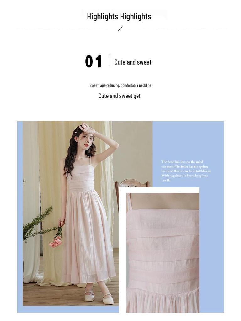Women's Pink Fairy Mori-Style Sleeveless Long Camisole Dress for Summer Beach Vacation