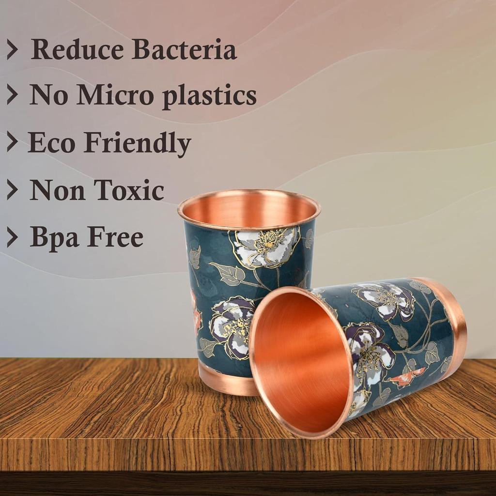 Copper Printed Design 250ML Water Glass with Rust Proof for Home and Office Use Ayurveda and Yoga Health Benefits Glass Set of 6 (Green Gold)