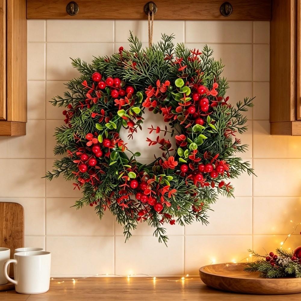 Red Berries Christmas Door Wreath Bowknot Faux Greenery Wreath Artificial Holiday Wreath Door