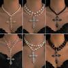 Cyberpunk Style Cross Necklace Dark Exaggerated Slightly Inlaid Imitation Pearl Multi-Layer Stacking Jewelry