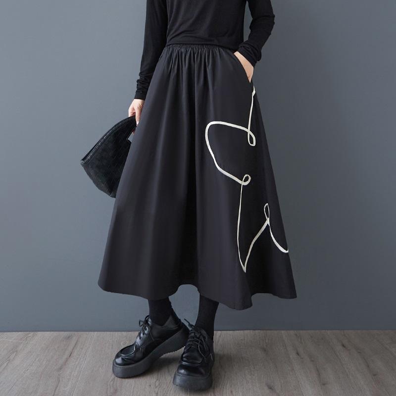 Black Cotton Plus Size High Waist Vintage Spring Autumn Casual Loose Long for Woman Skirts Womens Skirt