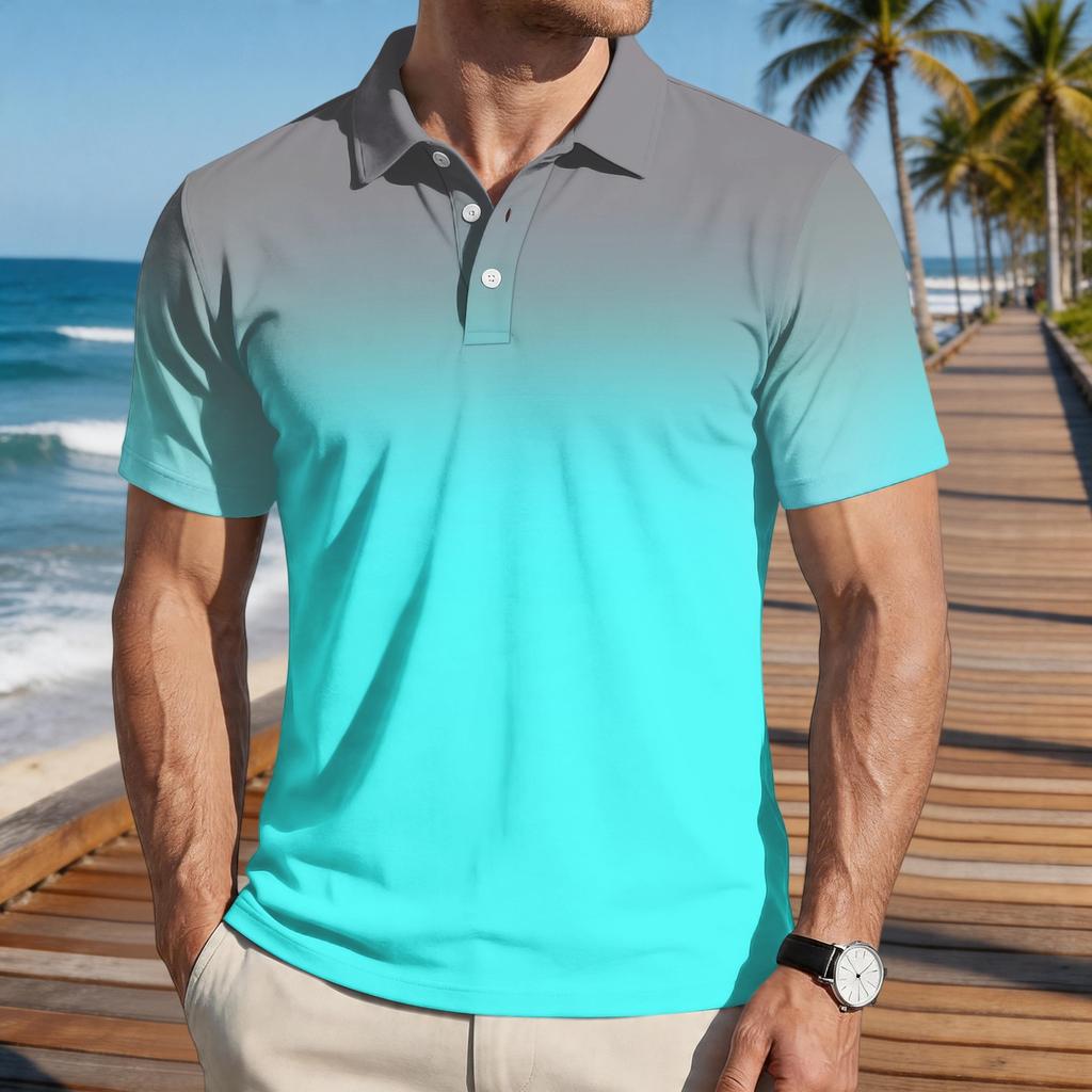 Men’s Loose Fit Casual Gradient Print Short Sleeve Polo Shirt with Turn Down Collar Soft Comfortable Fabric
