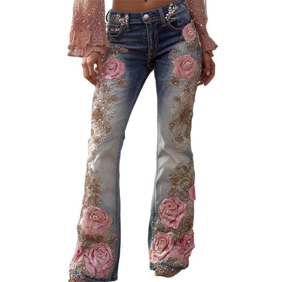 Bell Bottom Jeans for Women 3D Digital Floral Print Stretch Flared Jeans Mid Rise Retro Denim Pants with Pockets