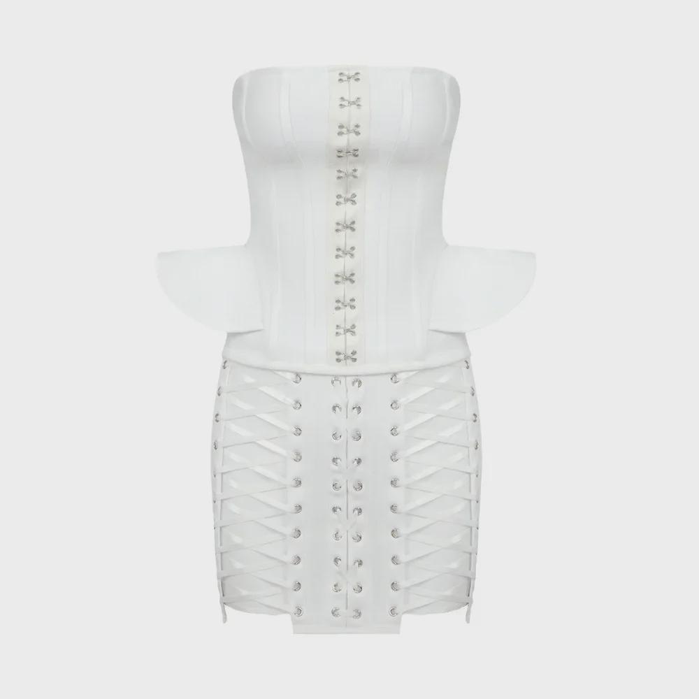 Women's Summer 2023 Corn Eyelet Tube Top & Shorts Two-Piece Set In White