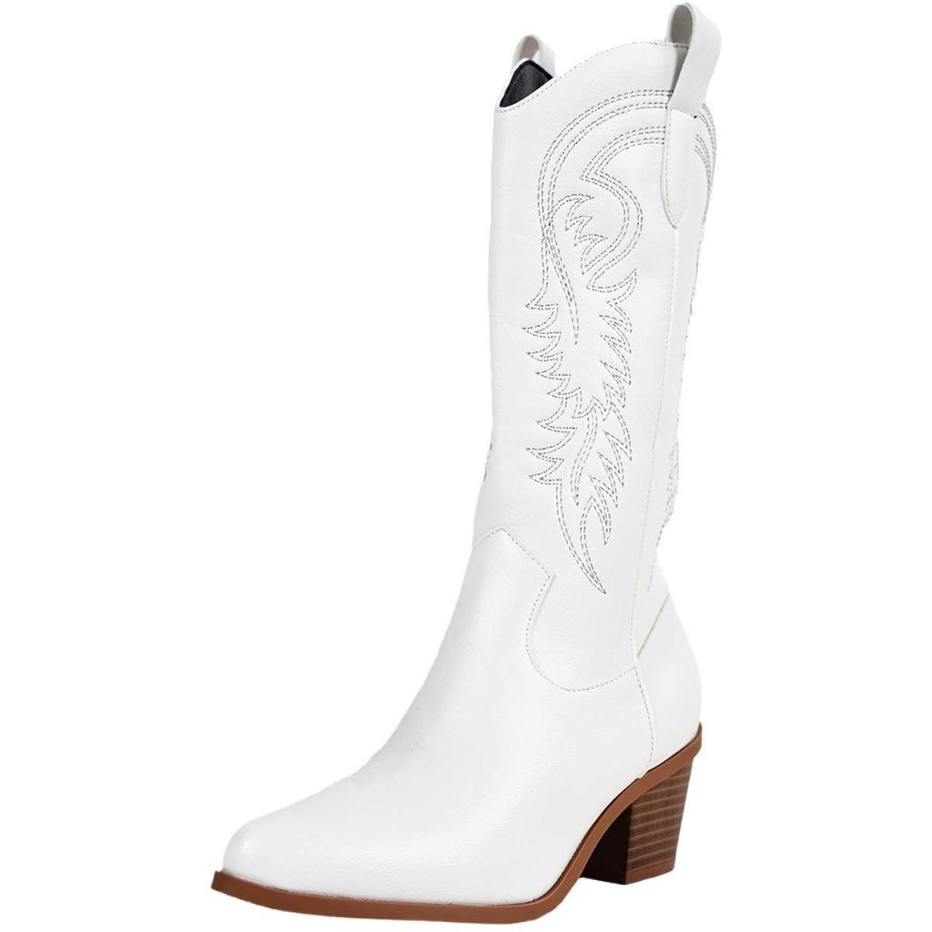 2024 Plus Size White Western High-Heeled Over-the-Knee Cowboy Boots for Women