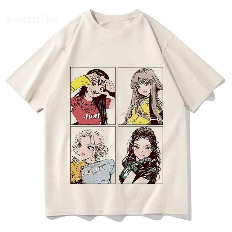 K-pop Style Anime Girl Quartet Panel T-Shirt, Unisex JUMI Graphic Streetwear Tee, 100% Cotton Casual Short Sleeve Top