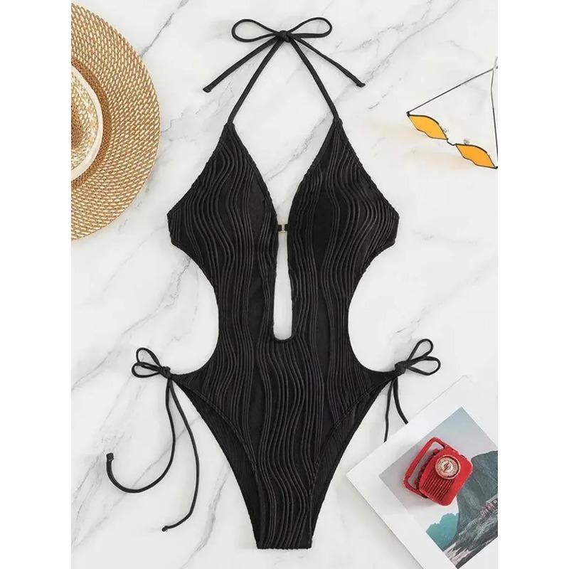 Sexy Halter V Neck Wrinkled Female Swimwear One Piece Swimsuit Women Backless Monokini High Leg Cut Bathing Suit Swim Beach Wear