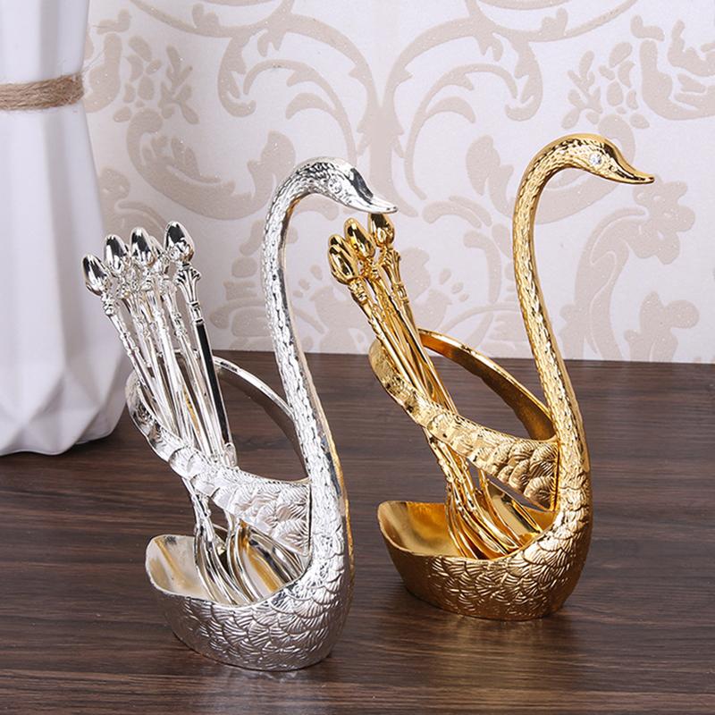 Stainless Steel Swan Base Holder with 3 Dessert Forks Coffee Spoons Set Tableware Home Decor Swan Base Holder Fruit Forks Set