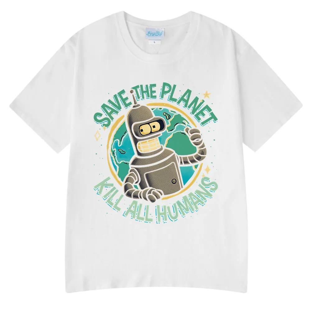 Nuevas Camisetas Divertidas de Moda Caliente Salva el Planeta Mata a Todos los Humanos Estampado de Robot para Hombre y Mujer Manga Corta Algodón Oversize