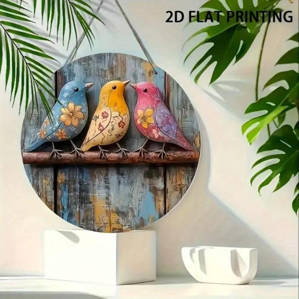 Vintage Birds Floral Wreath Round Aluminum Metal Wall Art Decor 8x8 Inch