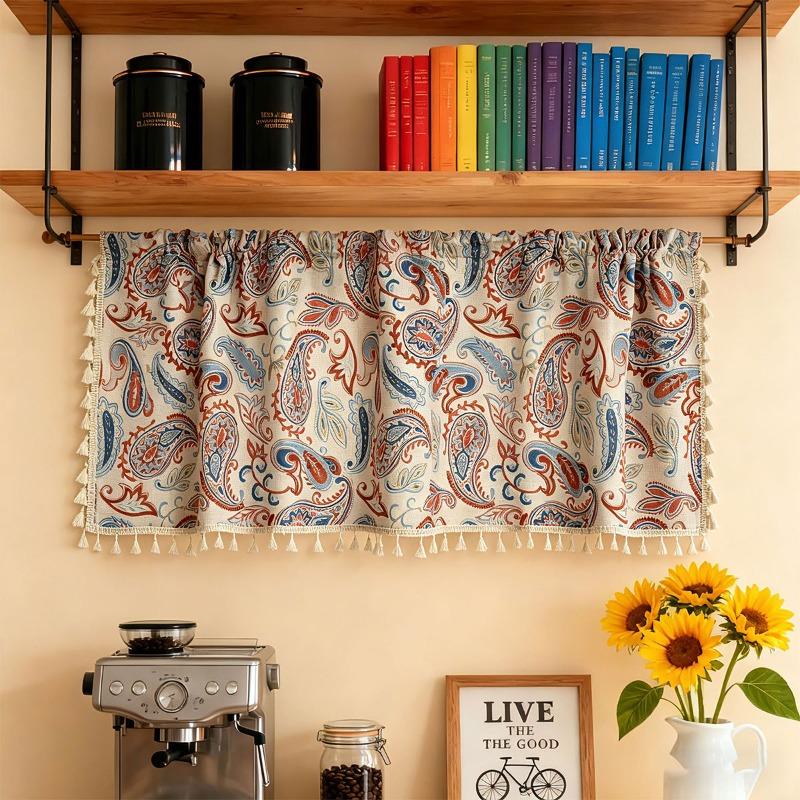 1PCS Rodless Bohemian Patterned Kitchen Half Curtain Cashew Patterned Coffee Curtain Toilet Curtain Retro Tassel Decoration for Dust and Ugliness