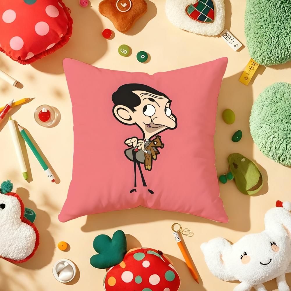 M-Mr. Beans Cartoon Pillow Case Plush Fabric Soft Double-Sided Printed Sofa Warm Winter Home Gift Cushion Cover