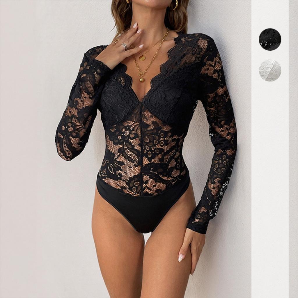 Women's Elegant Solid Color Long Sleeve Lace Sexy Bodysuit, Popular European & American Style Jumpsuit for Spring Autumn