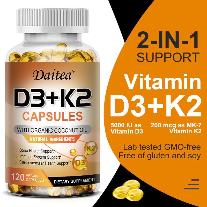 Vitamin D3 5000 IE + K2 MK-7 Kapseln mit Bio-Kokosöl, Vegan, GVO-frei, Glutenfrei, 120 Kapseln