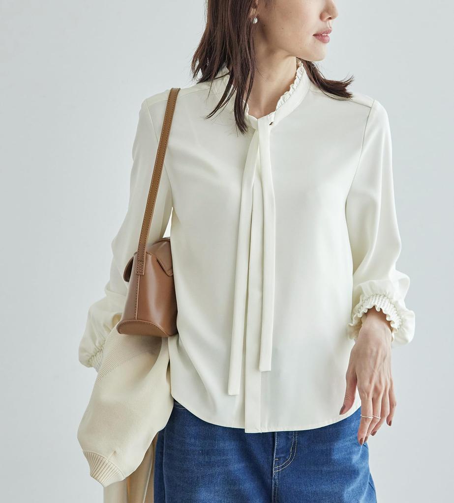 ROPE PICNIC Bowtie Frill Band Collar Women's Blouse, Off-White (15)