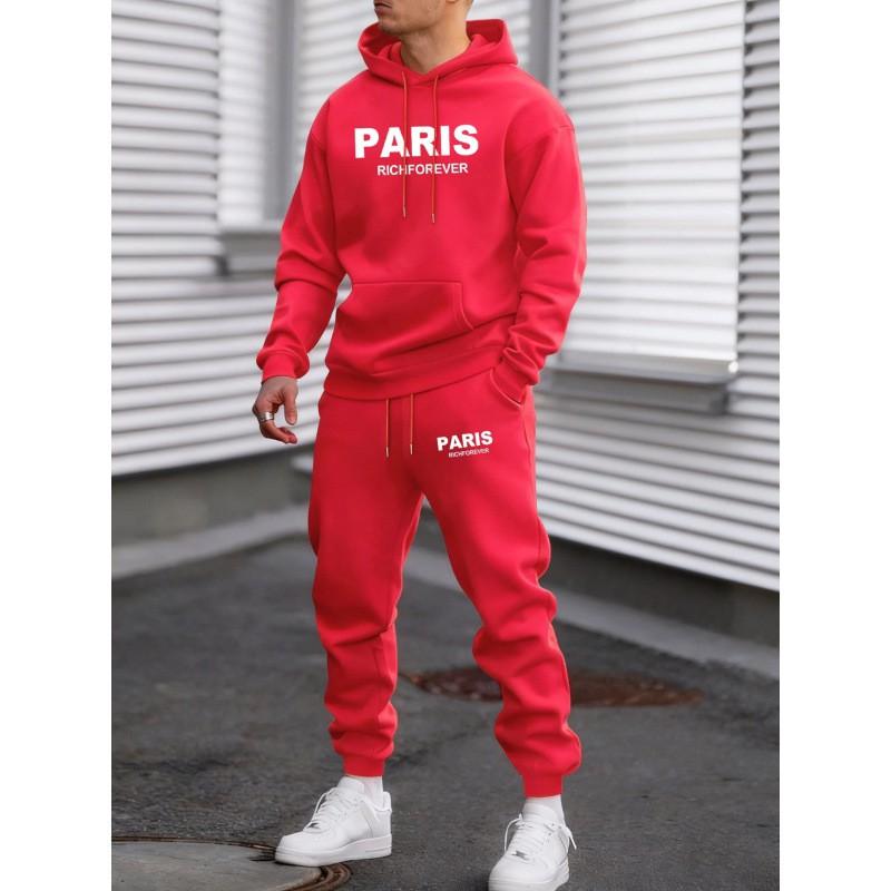 Mens Casual Hoodie Jogger Set With Letter Print Warm Fleece-Lined 2-Piece Outfit