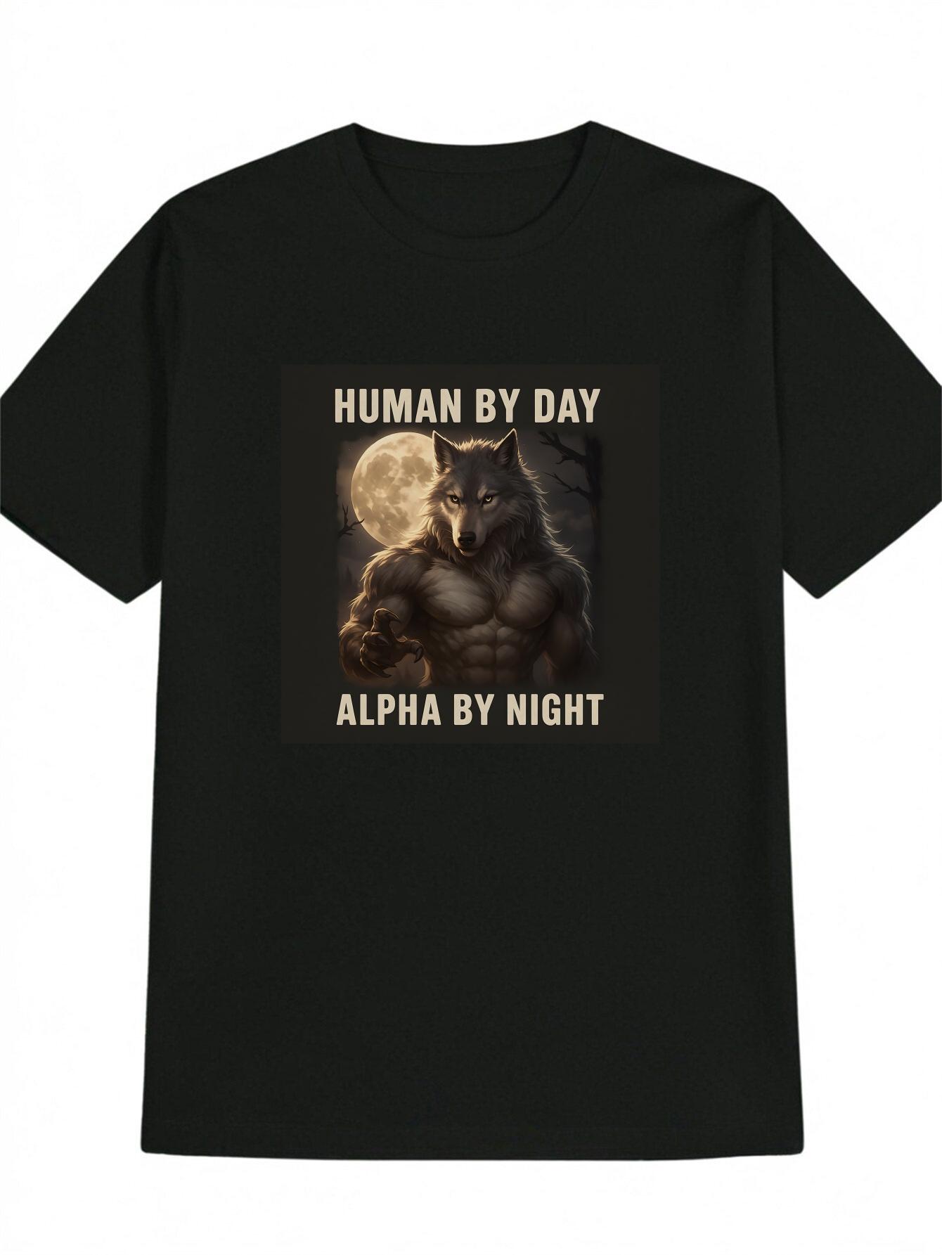 Casual Graphic T-shirt - Wolf Moon Print Human By Day Alpha By Night Design M