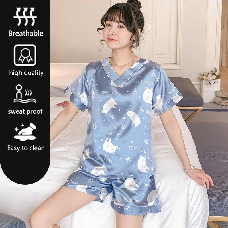 2pcs/Set Pajamas Summer Ice Silk Short-Sleeved Korean Version of The Sexy Simulation Silk Pajama Pants Plus Size Homewear Suit