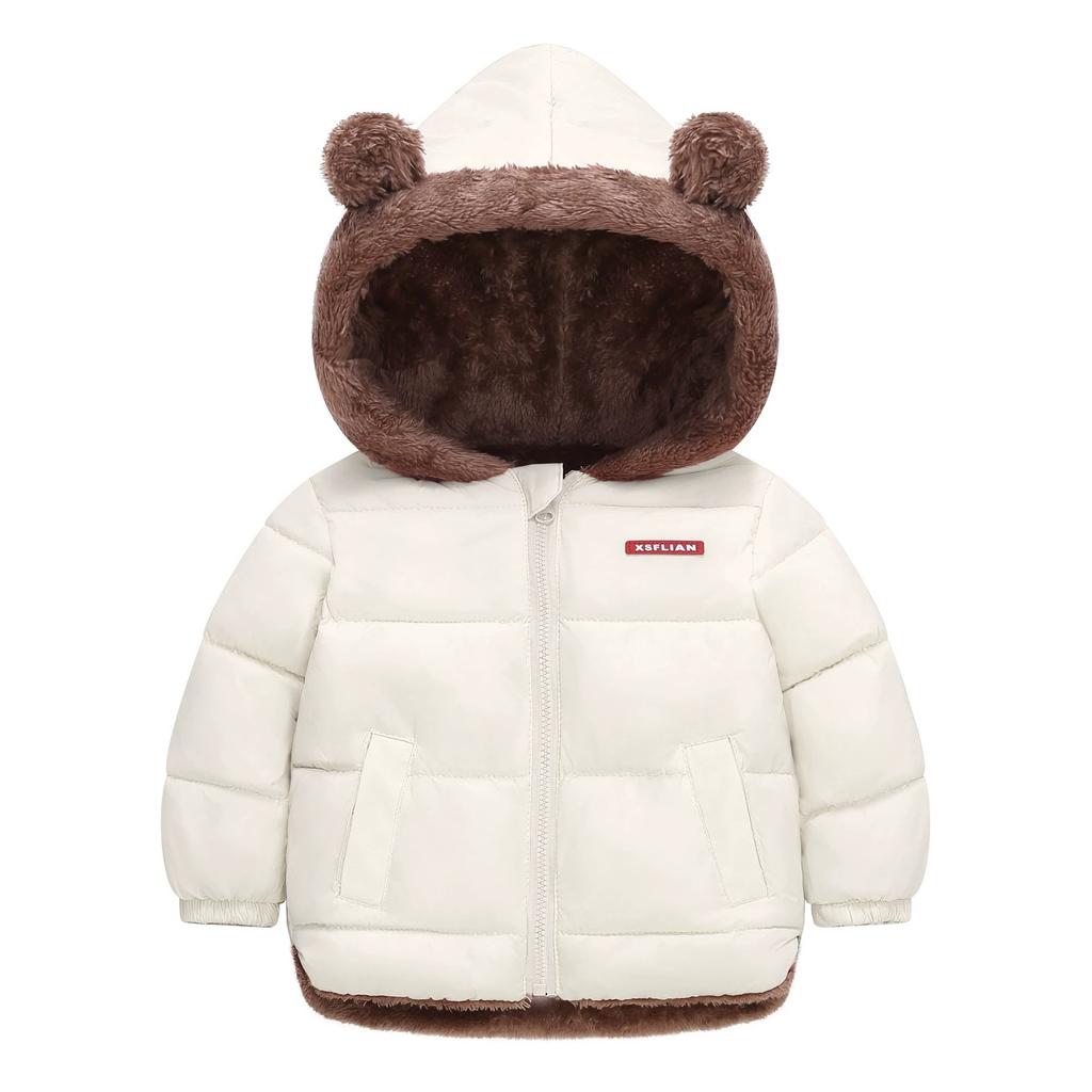 Kids Winter Fleece Lined Coat Cartoon Bear Ear Hooded Thick Warm Cotton Jacket For Boys Girls Zip Up Outerwear