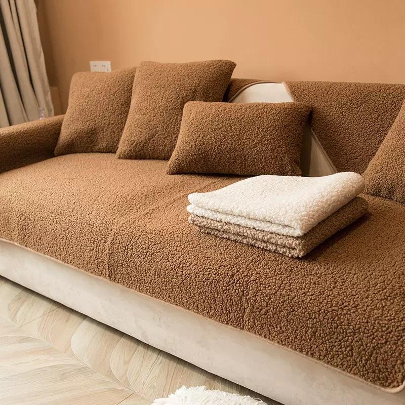 Home Decoration Sofa Cushion Winter Thick Plush Sofa Covers Lamb Wool Anti Slip Sofa Protective Blanket Sofa Dust Cover Towel