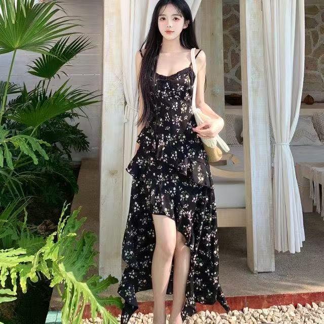 Black Floral Camisole Dress for Women - 2025 Summer Retro Mid-Length with Waist Slimming Design