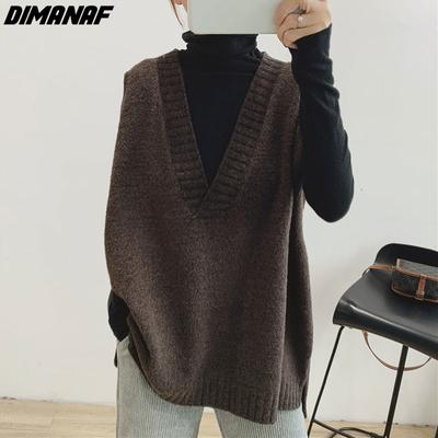 DIMANAF 2022 Plus Size Sweaters Autumn Wool Coat V-Neck Casual Women Solid Sleeveless Basic Vest Clothing Big 2022 New Grey