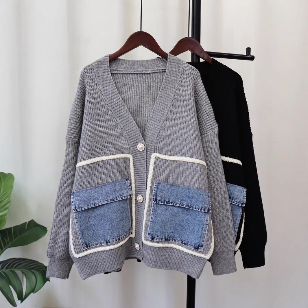 

Women s Korean-Style Loose Denim Pocket Knitted Cardigan Sweater One Size