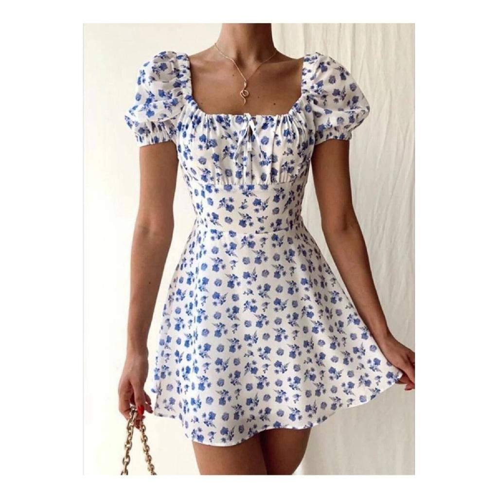 White Dress With Blue Flowers And Tie-up Collar