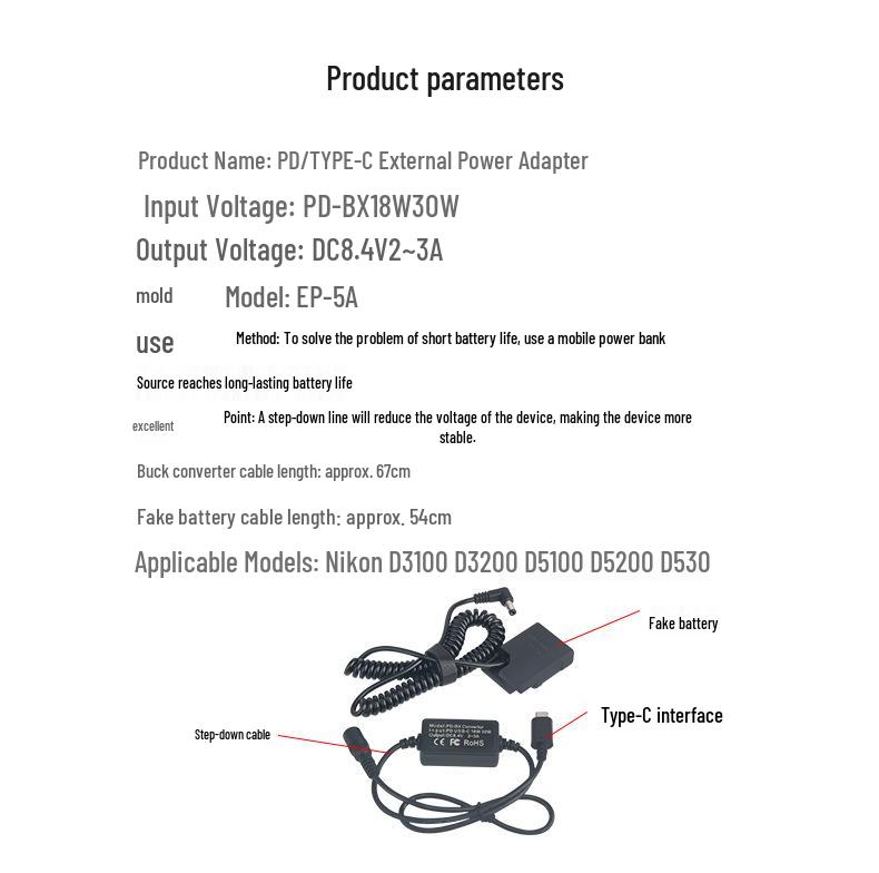 EP5A USB-C Adapter for Nikon D5100-D5500, P7800, EN-EL14 Battery