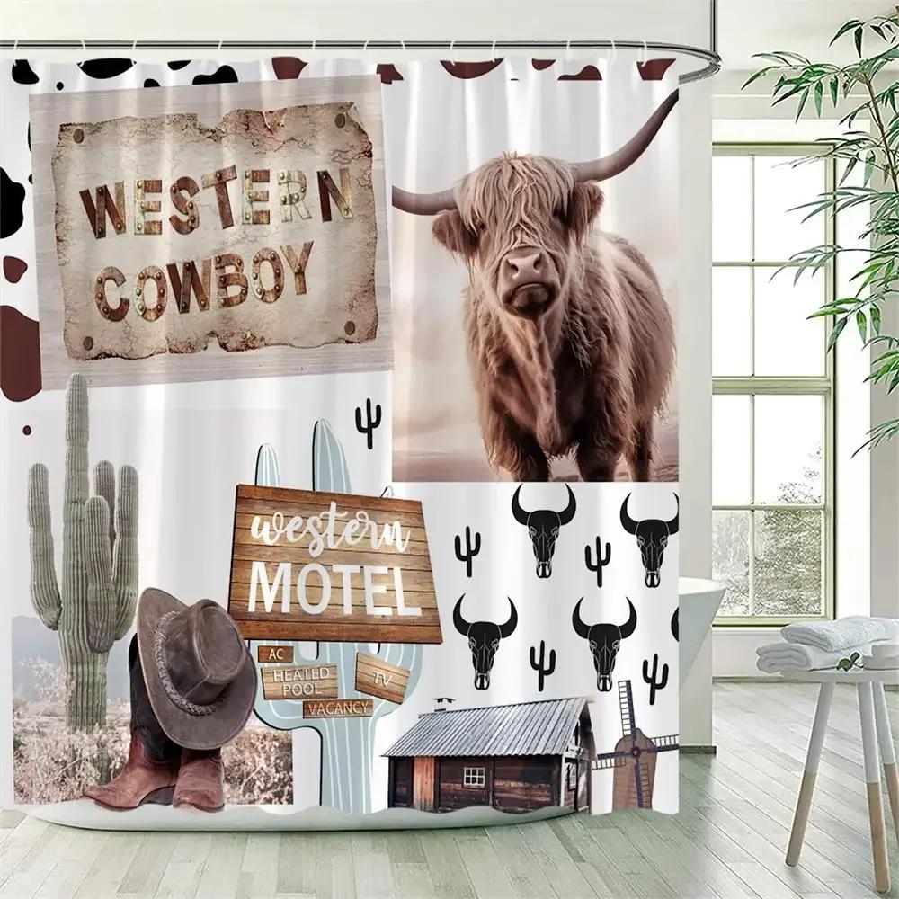 Funny Highland Cow Shower Curtain Farm Animal Sunflower Watercolour Flowers Farmhouse Polyester Fabric Bathroom Decor with Hooks
