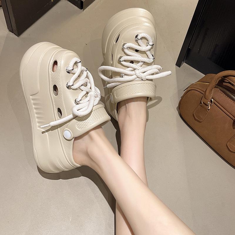 Fashion Soft Leather Lace-up Doudou Shoes, New Summer Soft-soled Comfortable Casual Shoes, Non-slip, Wave-soled Thick-soled Hole Shoes