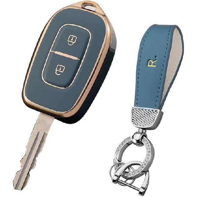 HIBEYO Soft TPU Key Fob Cover with Keychains for Renault Duster Kwid Dacia Sandero Master Megane Logan Key Case Shell 2 Buttons-Black