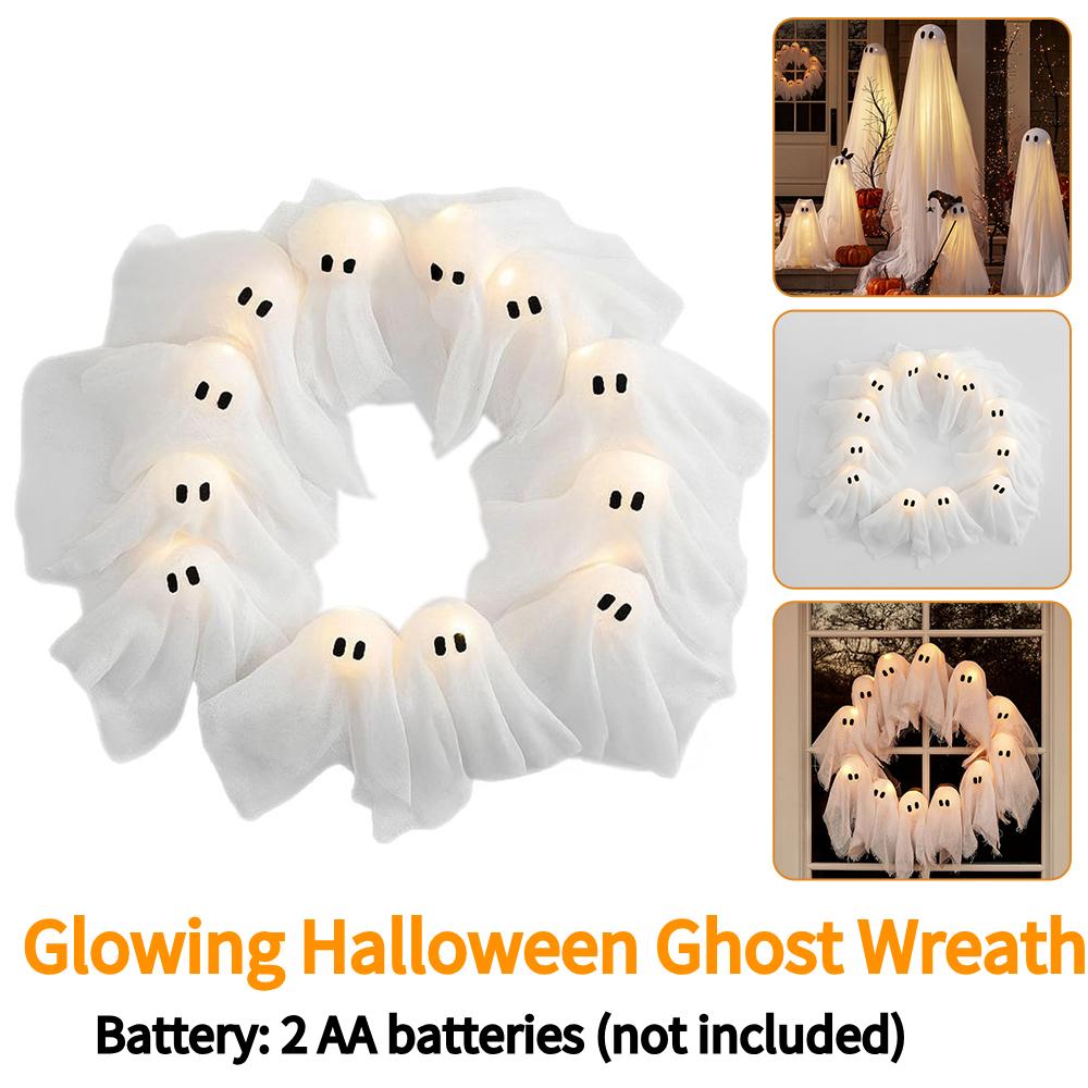 Ghost Wreath with Led Lights Light-up Ghost Wreath for Halloween Indoor Outdoor Wall Decor Spooky Front Door Hanging Decor