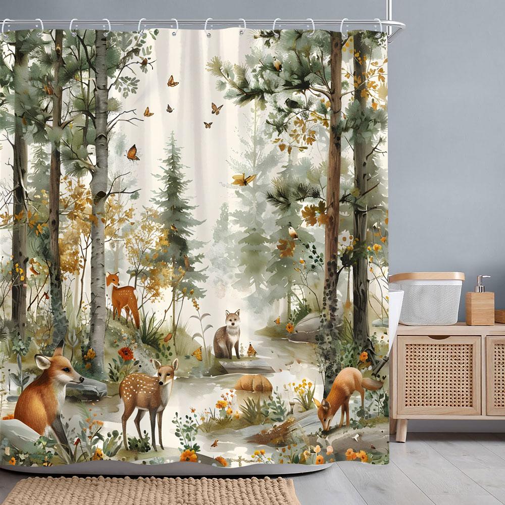 Forest Animals Watercolour Shower Curtain Deer Bear Fox Squirrel Flower Polyester Fabric Bath Curtains Bathroom Decor With Hooks