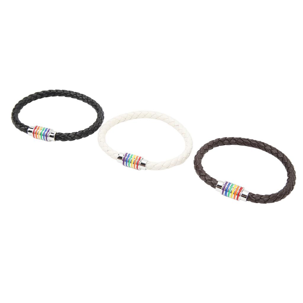 3PCS LGBTQ Bracelet Leather Stainless Steel Pride Woven Braided Magnet Lock Black Brown White LGBTQ Jewelry
