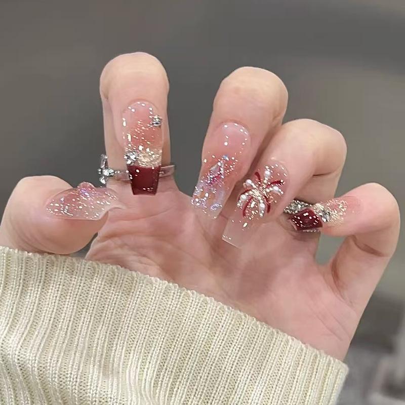 Red Rose French Tip Long Ballet Press On Nails Full Cover Fake Nail Tips For Women Decorative False Nails