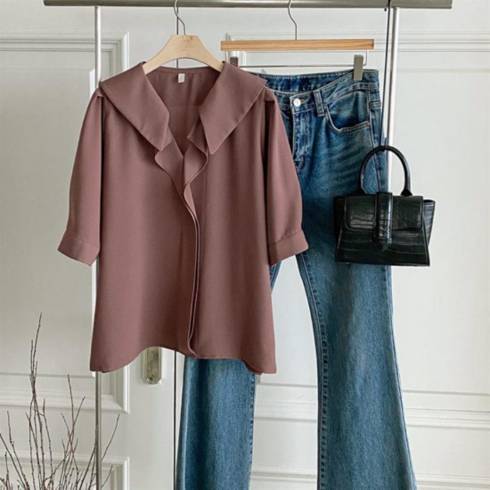 New Arrivals Open Run Women Chiffon Short Sleeve Blouse With Frill Detail
