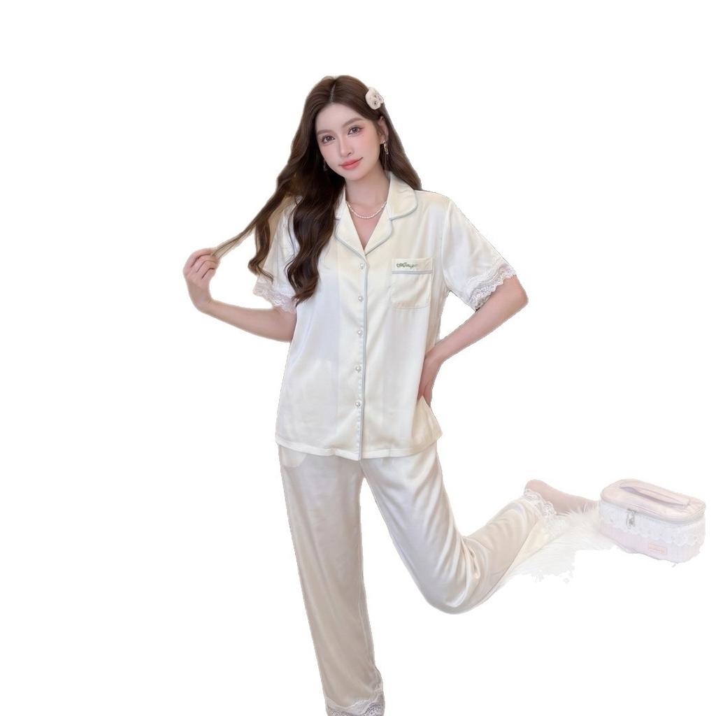 Ice silk women's homewear solid color embroidered lace short-sleeved pajamas gentle girly style home pajamas set