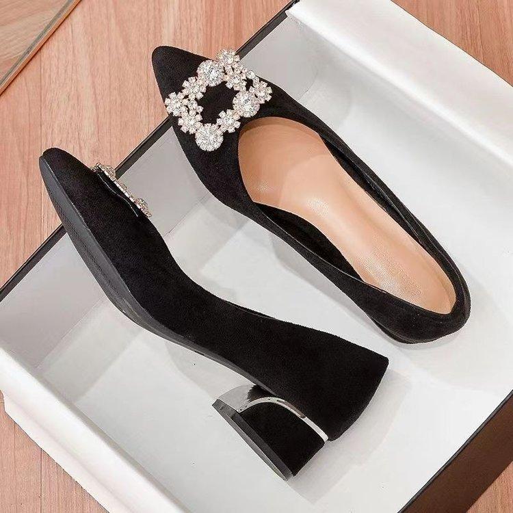 New rhinestone suede thick heel single shoes spring 2025 versatile pointed head shallow mouth low heel French black work