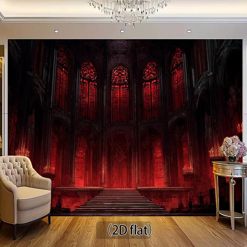 2D Dark Fantasy Cathedral Tapestry, Red Stained Glass & Candles Wall Hanging