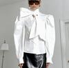 Court style French waist strap bow pure cotton white bubble sleeve shirt women's high-end long-sleeved top