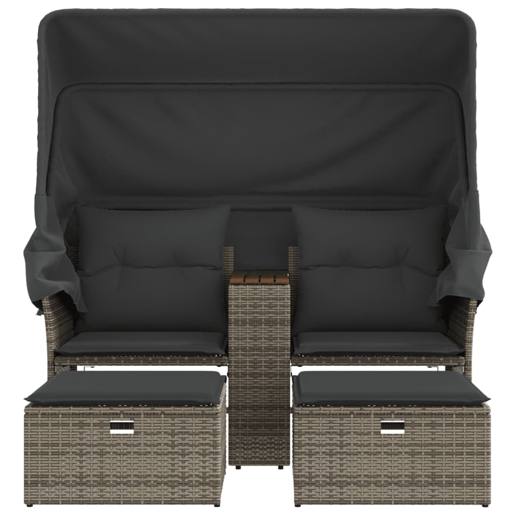 2 Seater Garden Sofa with Canopy and Footstools Grey Poly Rattan