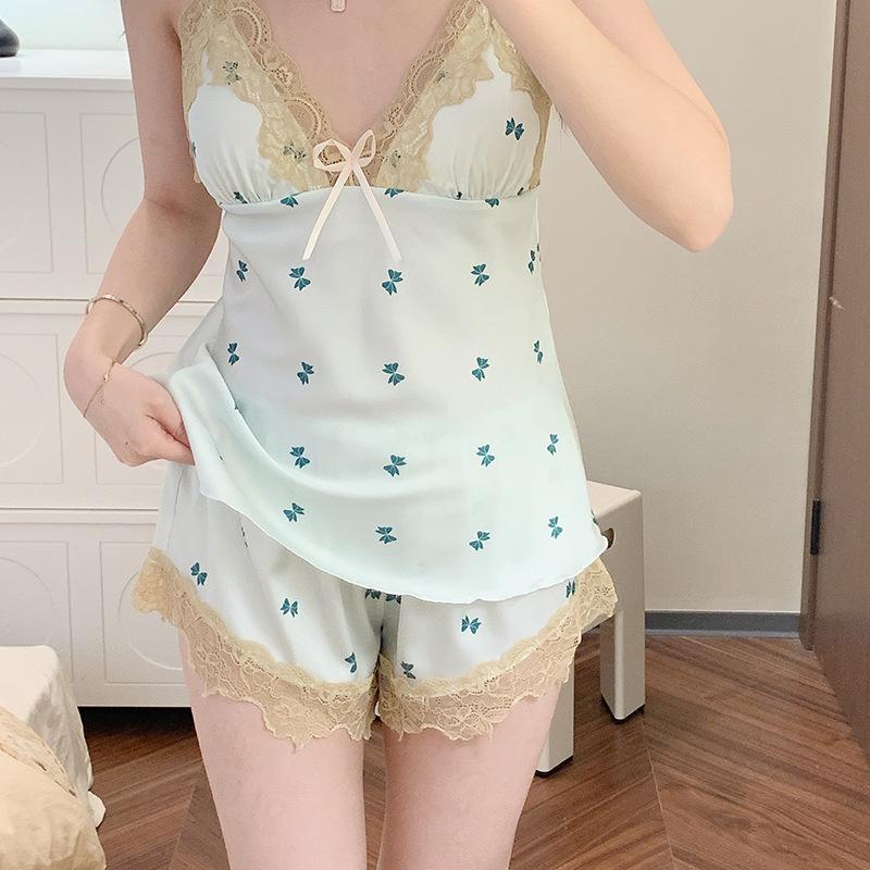 New ice silk pajamas set Internet celebrity print lace casual thin summer suspender shorts spring and autumn